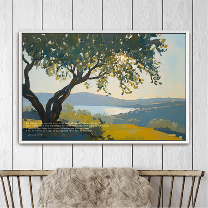 The image is a framed painting depicting a serene landscape with a large tree in the foreground and a body of water in the background. The painting is set against a white wall, and there is a wooden bench in the foreground. The painting is titled "The image depicts a tree in the foreground, with a body of water in the background."