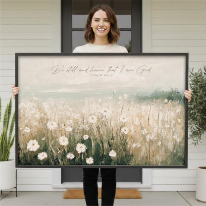 A woman is holding a large framed print of a field of white flowers in front of a house.