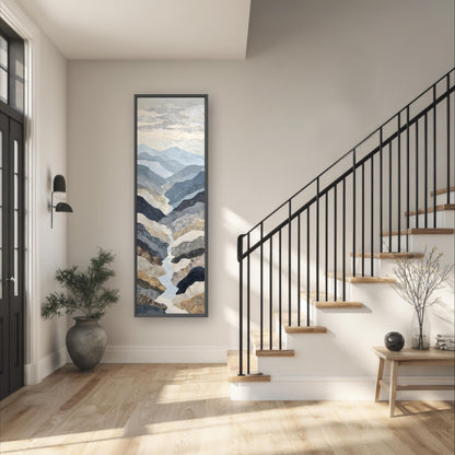 a modern and minimalist interior design, featuring a large abstract painting hanging on the wall above a staircase with a black railing. The painting showcases a landscape scene with mountains and a winding river, creating a serene and tranquil atmosphere. The room also includes a wooden floor, a potted plant, and a wooden bench, contributing to the overall aesthetic and functionality of the space.