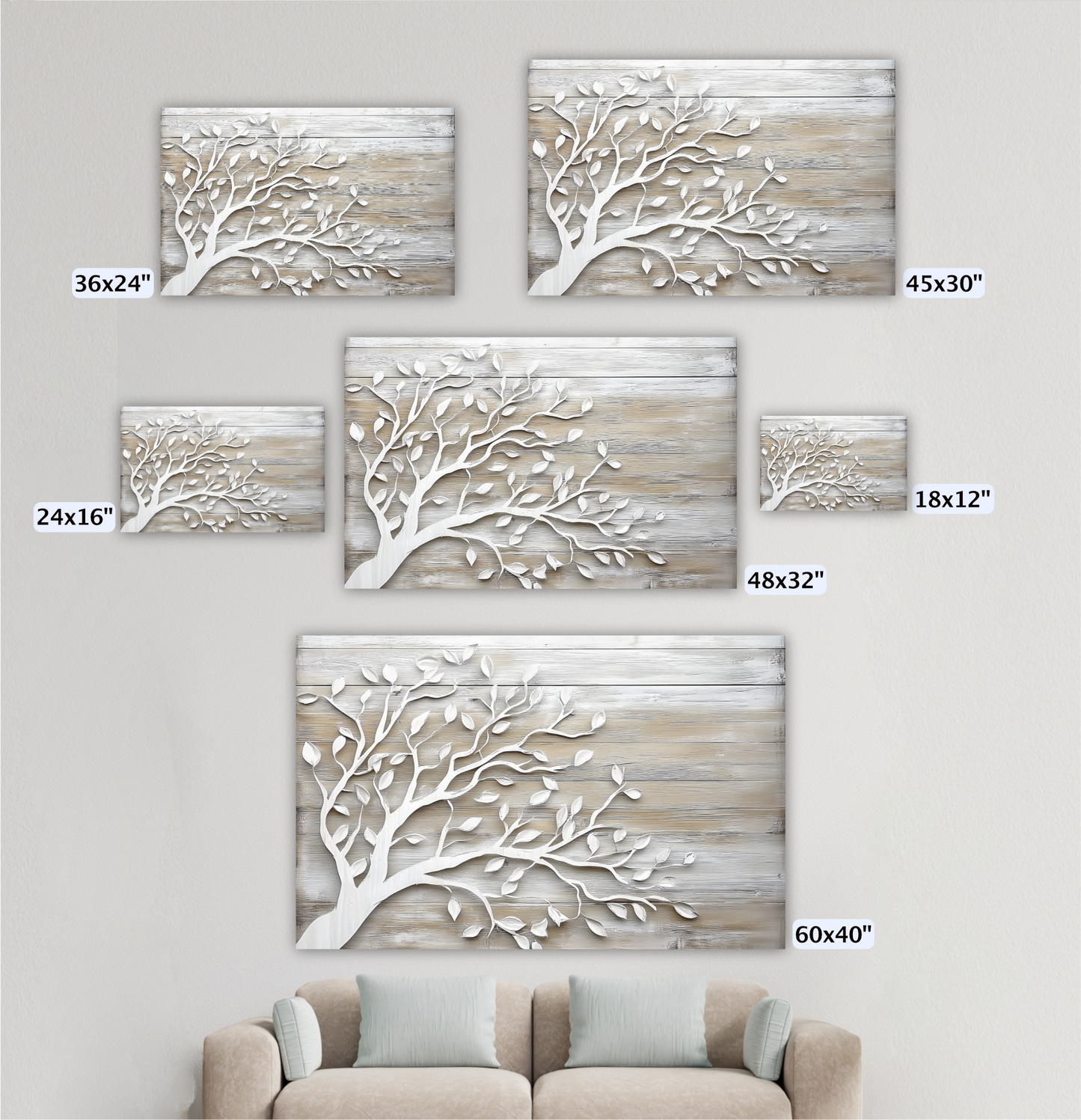 a collection of five different sizes of white tree-like designs on a wooden background, arranged on a wall above a couch.