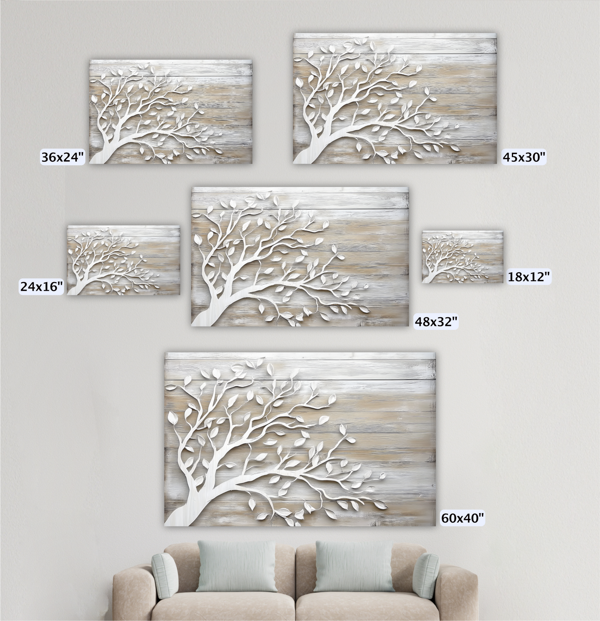 a collection of five different sizes of white tree-like designs on a wooden background, arranged on a wall above a couch.