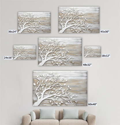 a collection of five different sizes of white tree-like designs on a wooden background, arranged on a wall above a couch.