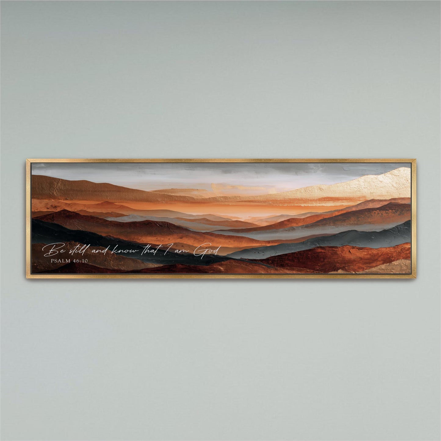 The image is a framed painting depicting a scenic landscape with mountains in the background and a warm, orange-toned sky.