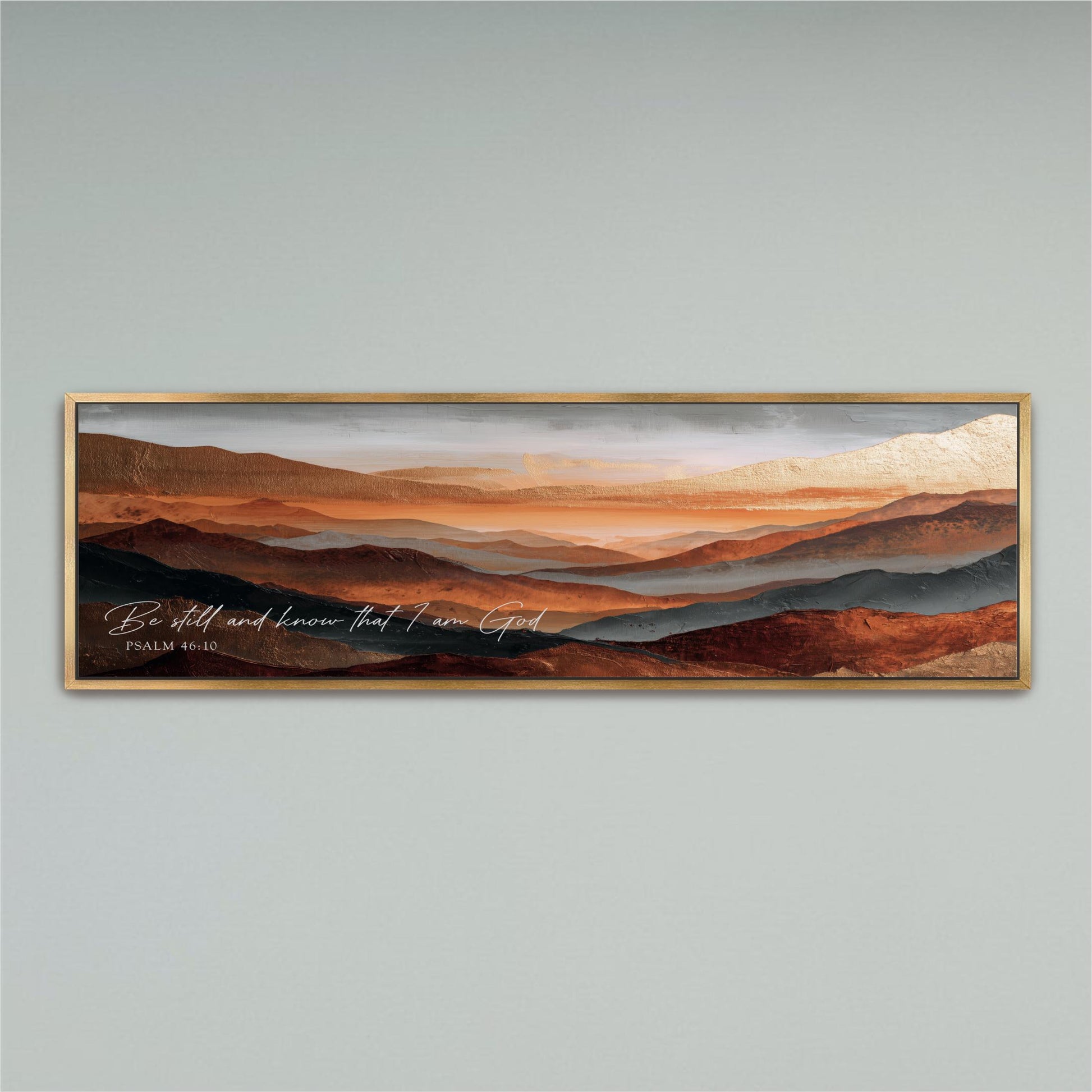 The image is a framed painting depicting a scenic landscape with mountains in the background and a warm, orange-toned sky.