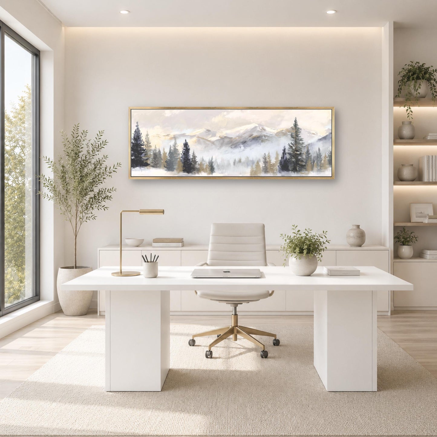 a modern, minimalist office space with a large window overlooking a scenic mountain landscape. The office features a white desk with a computer, a comfortable white chair, and a large framed landscape painting on the wall. The room is decorated with potted plants and other natural elements, creating a serene and tranquil atmosphere.