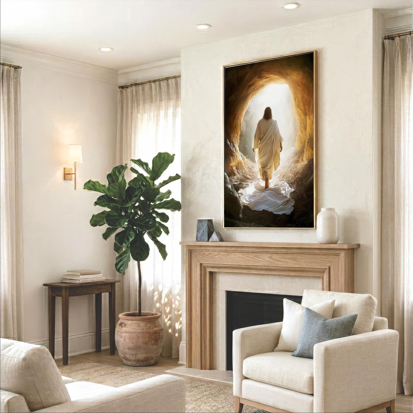 a living room with a large painting of Jesus walking out of a cave, which is the focal point of the room. The painting is hung above a fireplace, and the room is decorated with a comfortable sofa, a potted plant, and other furnishings.