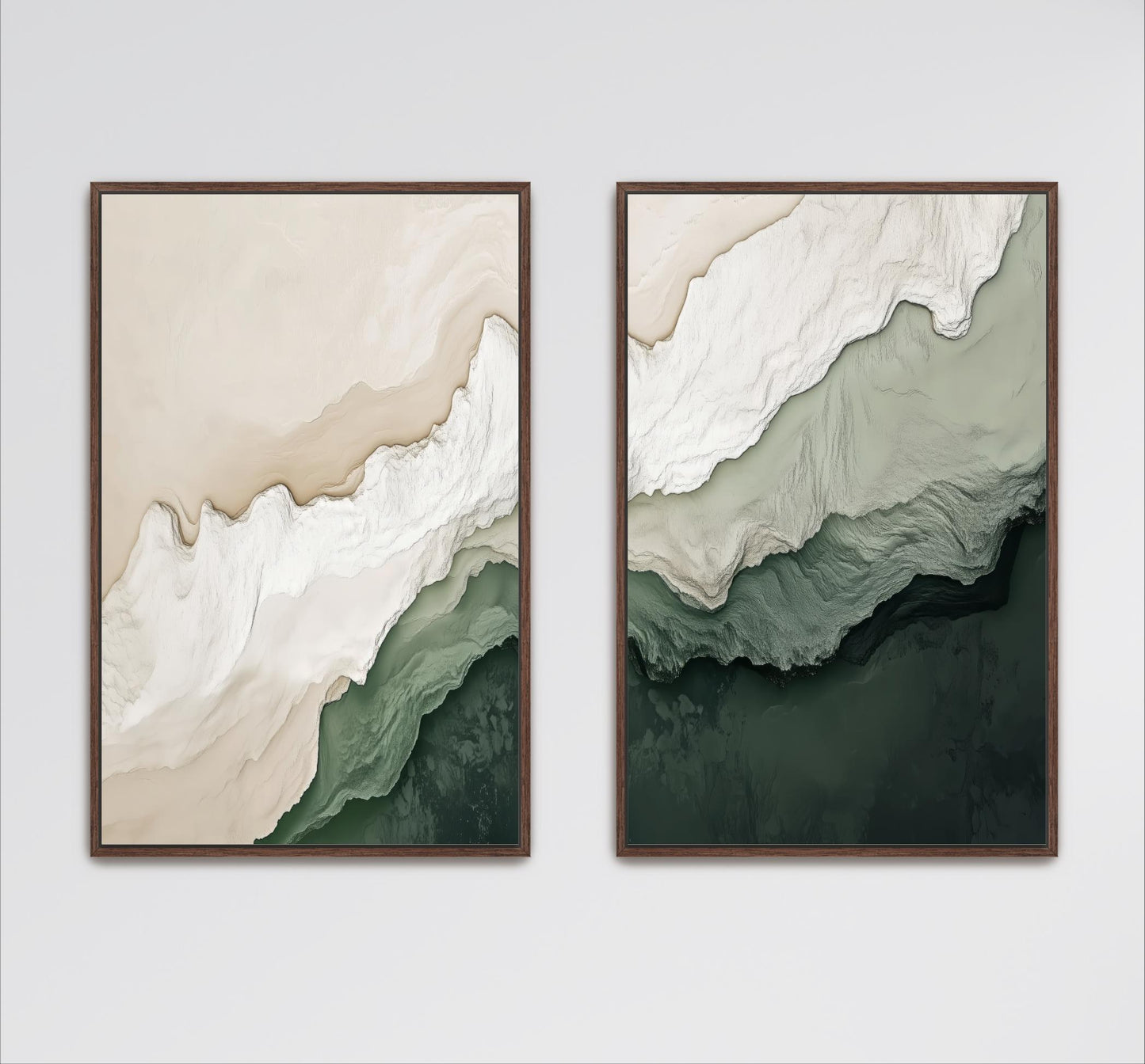 two abstract paintings with a color palette of green and white, displayed on a wall.