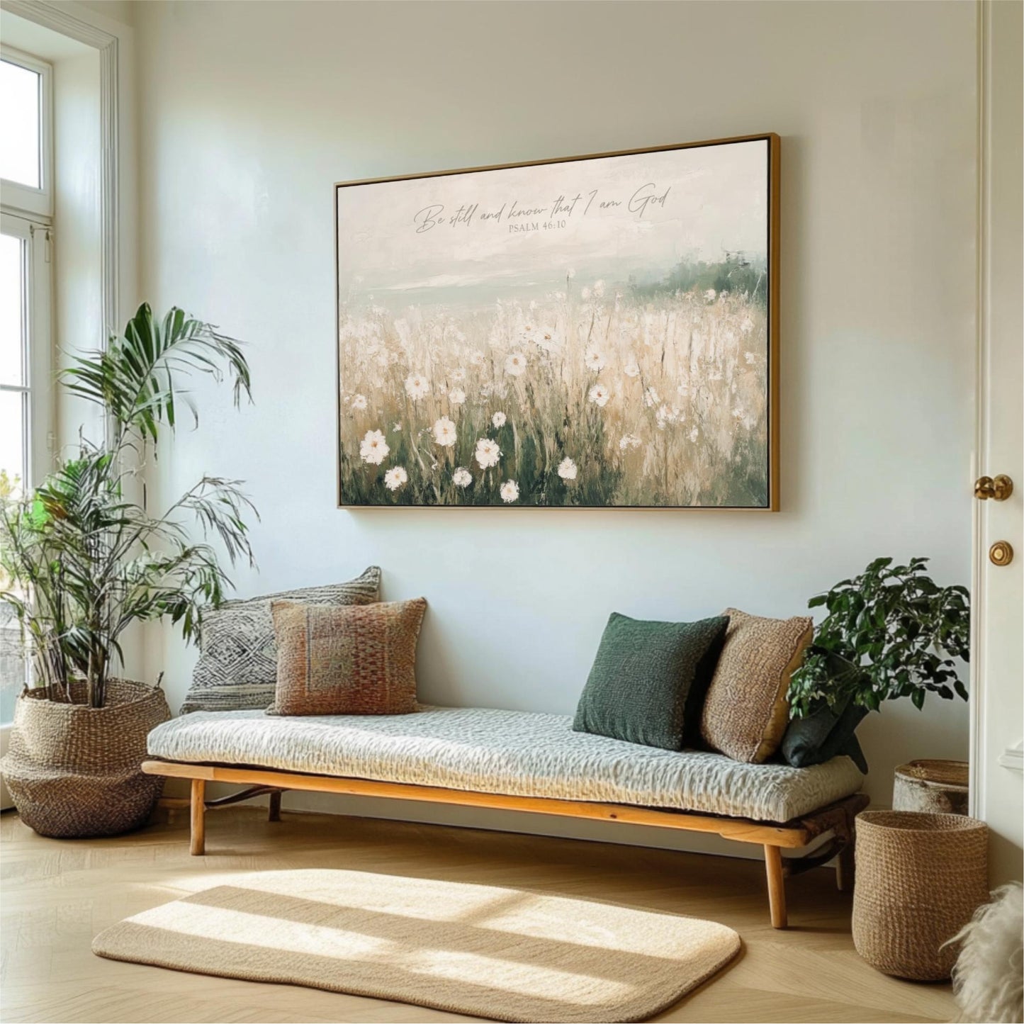 a living room with a large painting of a field of flowers hanging on the wall above a wooden bench with pillows. The room is decorated with potted plants and a rug, creating a cozy and inviting atmosphere.