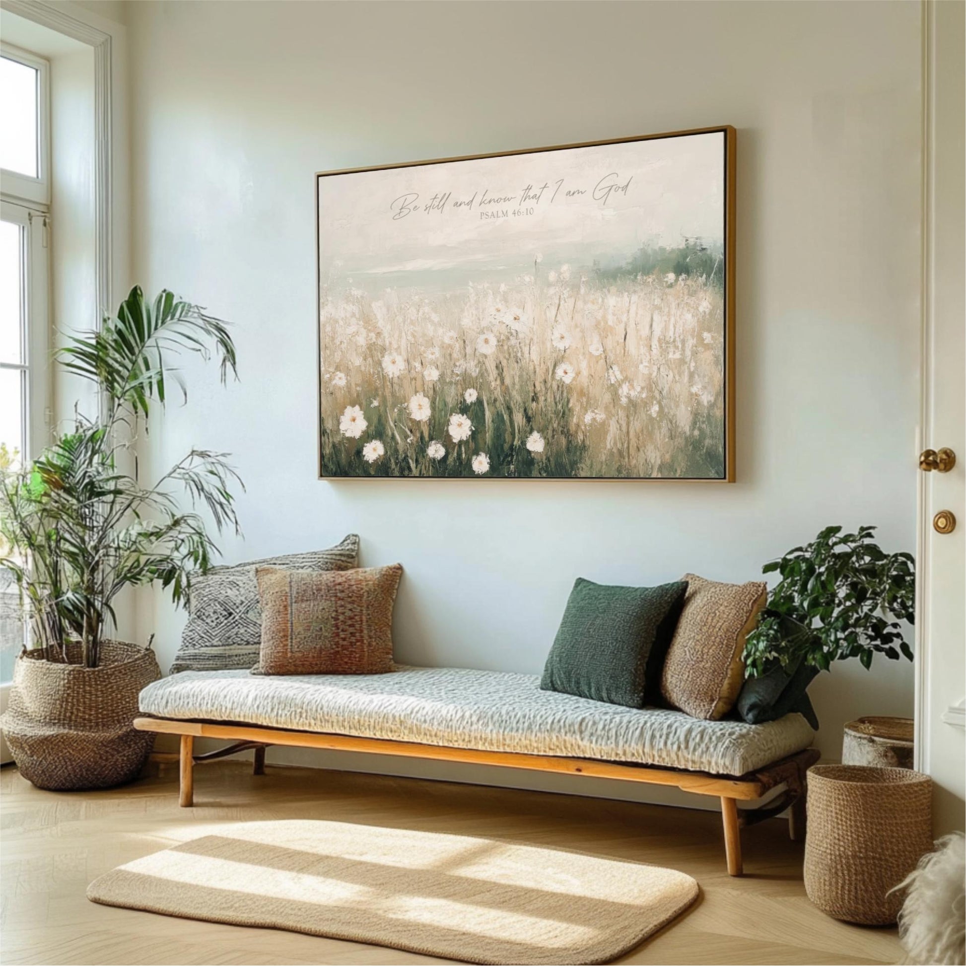 a living room with a large painting of a field of flowers hanging on the wall above a wooden bench with pillows. The room is decorated with potted plants and a rug, creating a cozy and inviting atmosphere.