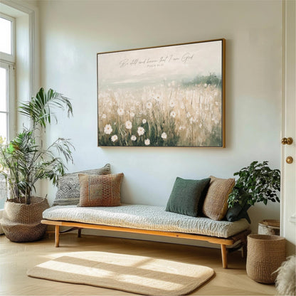 a living room with a large painting of a field of flowers hanging on the wall above a wooden bench with pillows. The room is decorated with potted plants and a rug, creating a cozy and inviting atmosphere.