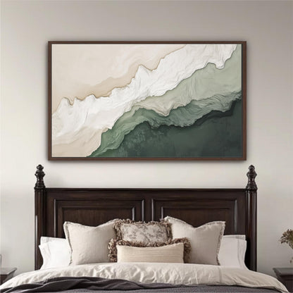 a large, dark wood bed with a wooden headboard and a framed abstract painting hanging above it.