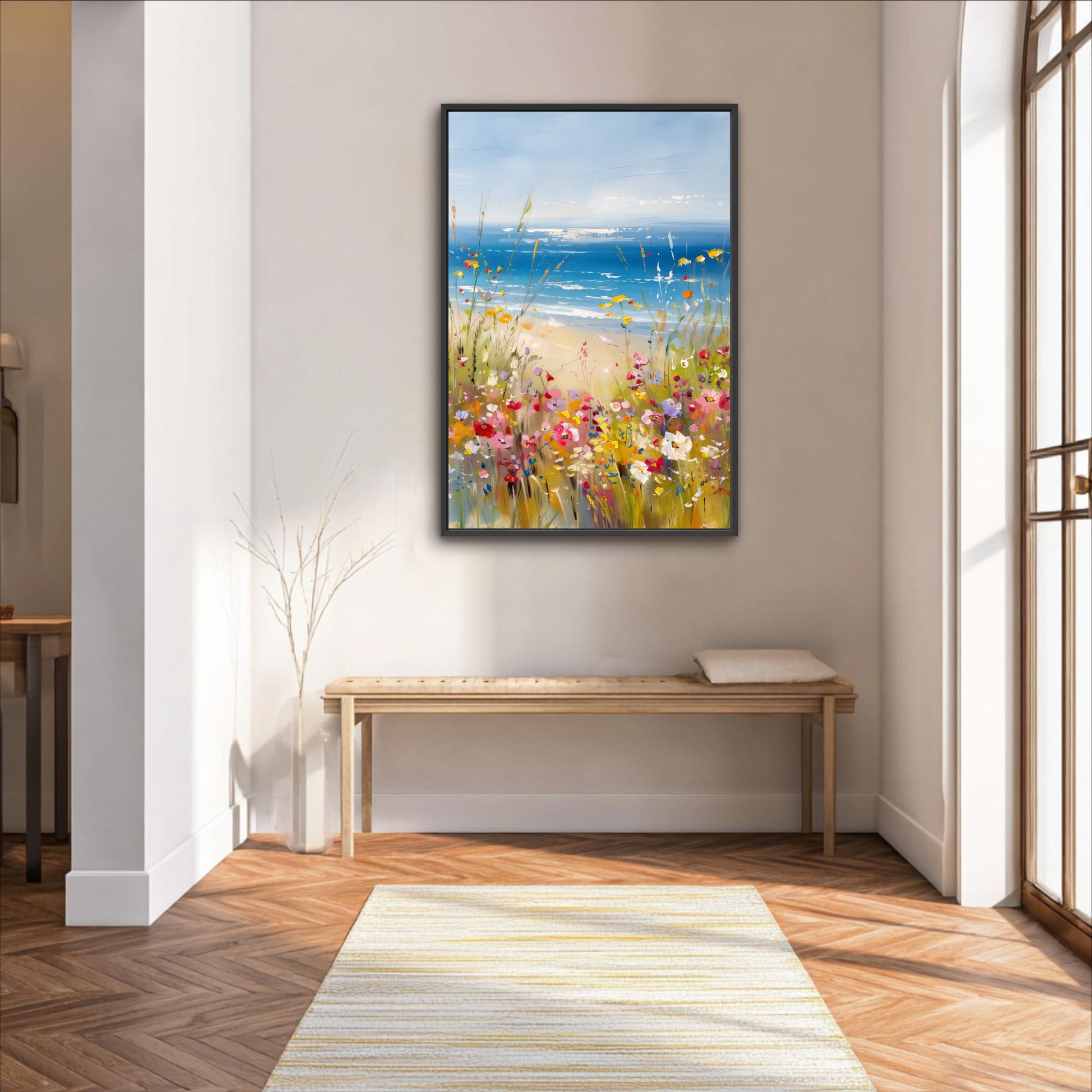 a large painting of a beach scene hanging on a wall in a room with a wooden bench and a striped rug.