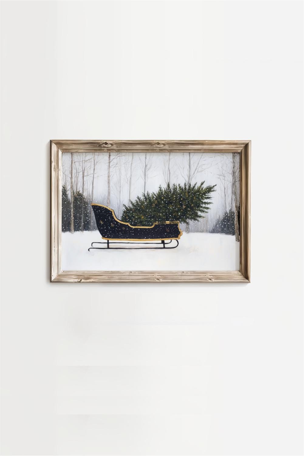 A framed painting depicting a black sled carrying a large Christmas tree in a snowy forest.