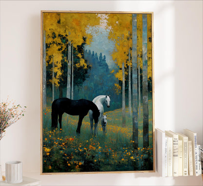 The image is a framed painting depicting two horses in a field with yellow flowers, surrounded by tall trees with green foliage.