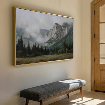 a large landscape painting hanging on a wall, depicting a mountainous scene with trees and a misty atmosphere. In the foreground, there is a gray bench positioned against the wall.