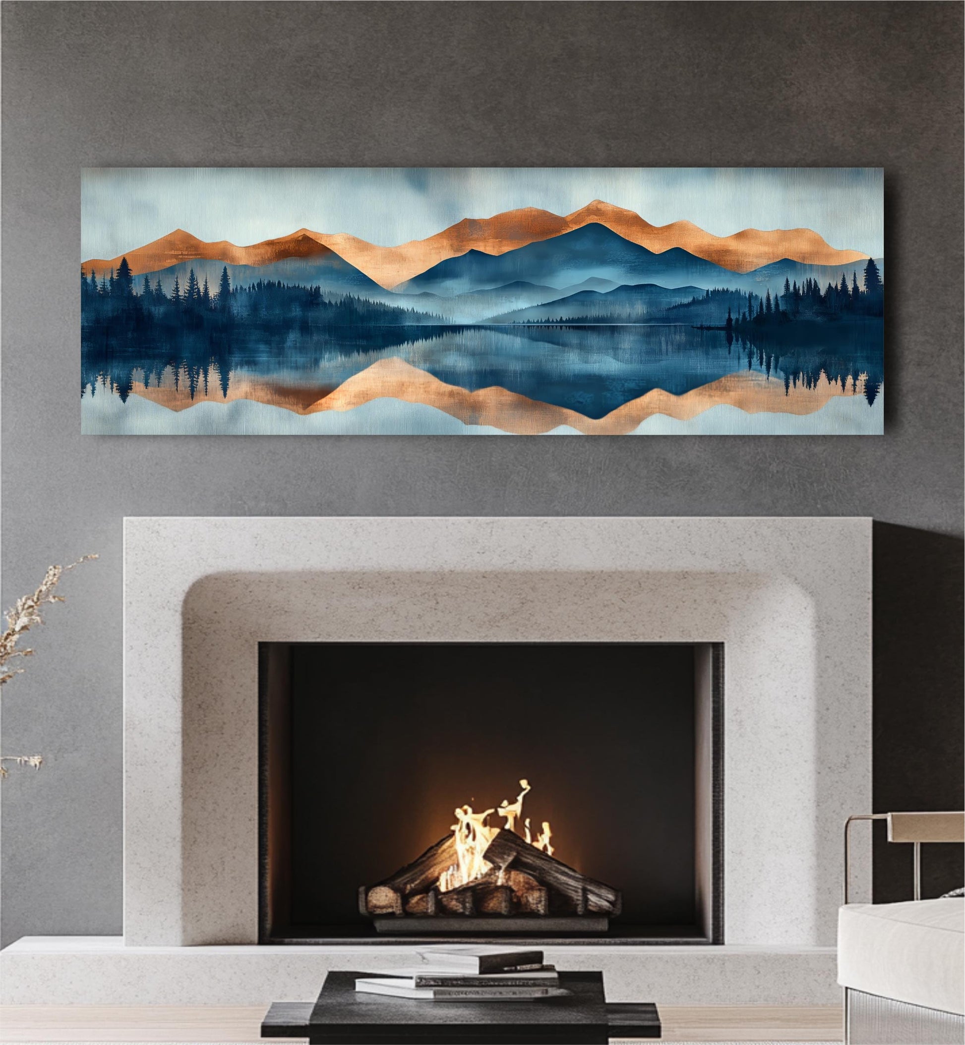 a fireplace with a fire burning inside, and a large landscape painting above it depicting a serene mountain scene with a lake and trees reflected in the water.