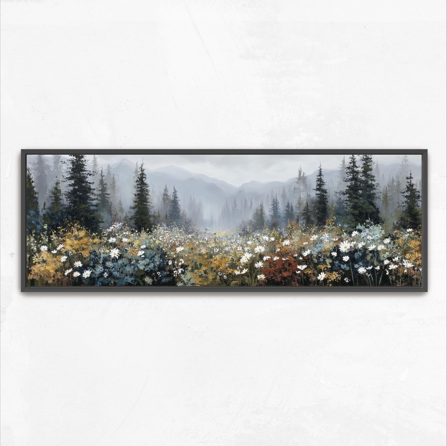 A framed painting depicting a serene forest landscape with tall trees, a meandering path, and a field of colorful wildflowers.