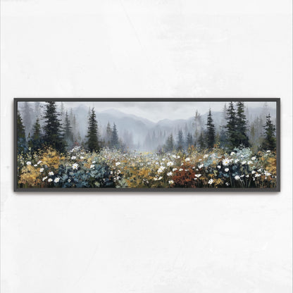 A framed painting depicting a serene forest landscape with tall trees, a meandering path, and a field of colorful wildflowers.