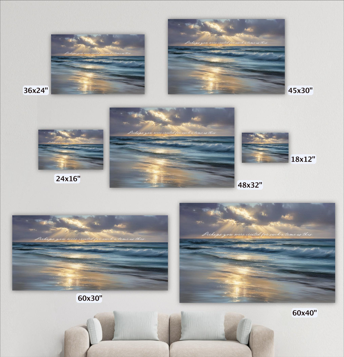 a collection of five framed pictures depicting a serene beach scene with a sunset over the ocean. The pictures vary in size, ranging from 36x24 inches to 48x32 inches. The largest picture is 60x30 inches, while the smallest is 60x40 inches. The images are arranged on a wall, with a couch in the foreground.