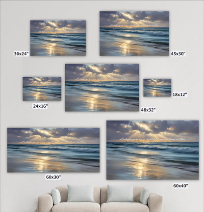 a collection of five framed pictures depicting a serene beach scene with a sunset over the ocean. The pictures vary in size, ranging from 36x24 inches to 48x32 inches. The largest picture is 60x30 inches, while the smallest is 60x40 inches. The images are arranged on a wall, with a couch in the foreground.