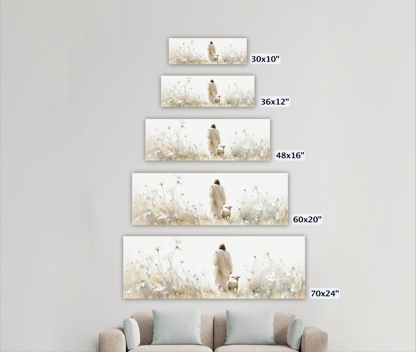 The image is a series of five framed artworks depicting a person walking with a dog in a field of flowers. The artworks vary in size, ranging from 30x10" to 70x24" in width.