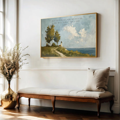 a wooden bench with a white cushion, positioned in front of a large painting depicting a serene landscape with a lighthouse on a cliff overlooking the ocean.