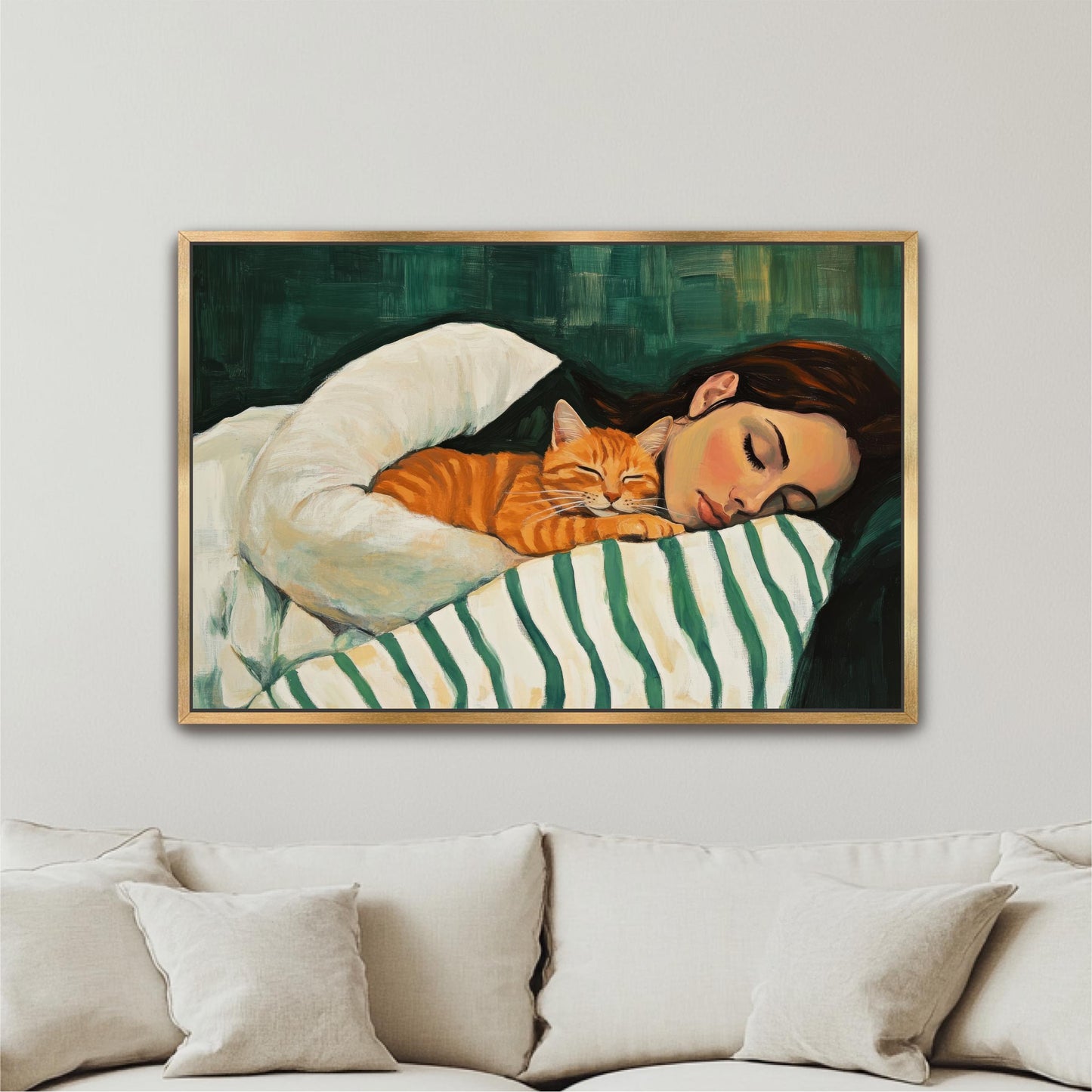 a painting of a woman sleeping with a cat