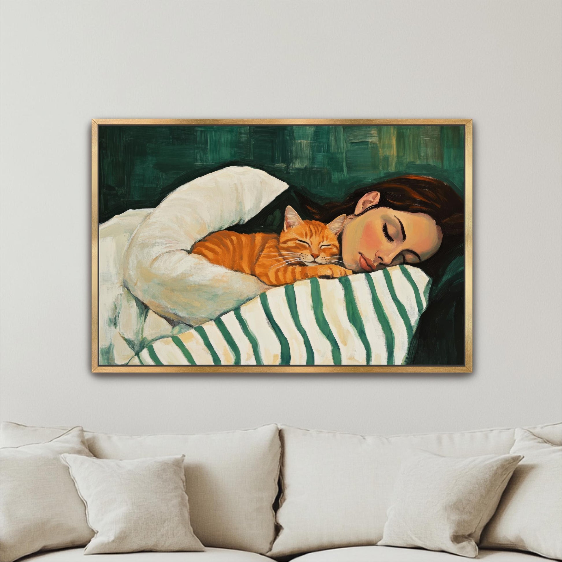 a painting of a woman sleeping with a cat