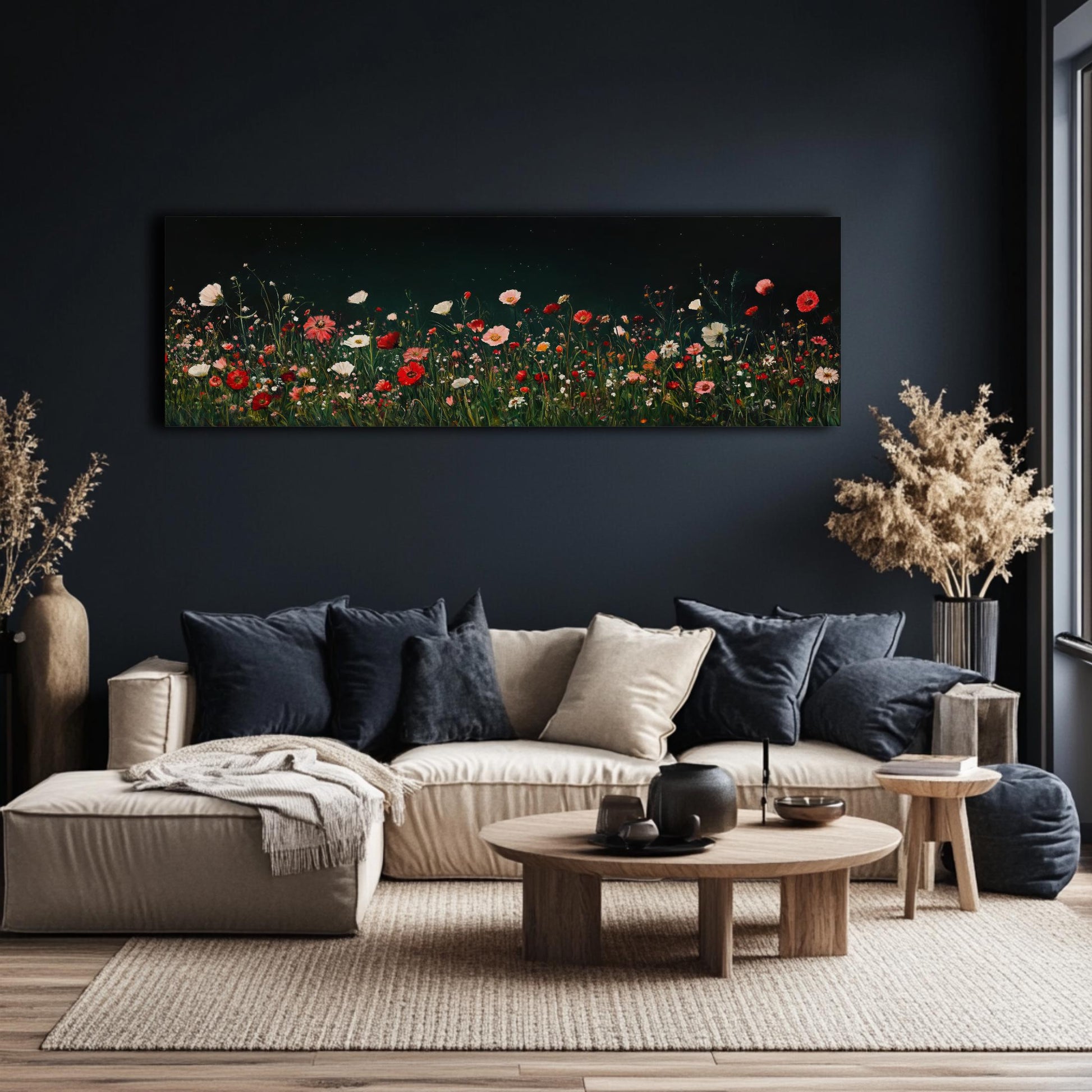 a living room filled with furniture and a painting on the wall
