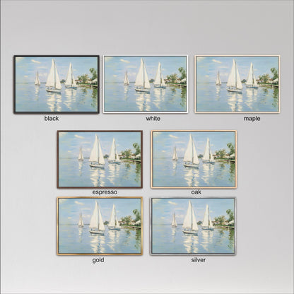 six framed pictures of sailboats on the water, each with a different color frame. The pictures are arranged in a grid format, with three pictures in each row and two pictures in each column. The frames are labeled with the color of the frame, which includes black, white, and maple.