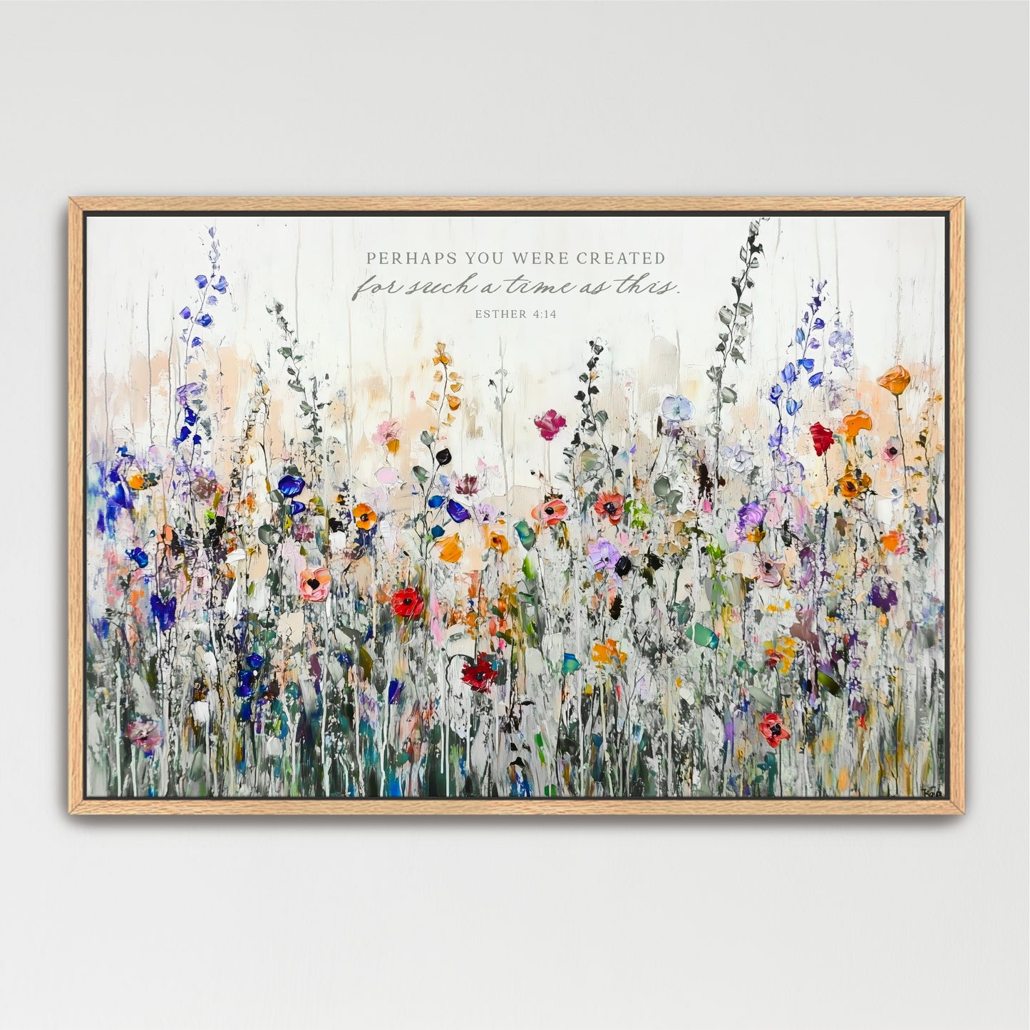 The image is a framed painting depicting a vibrant and colorful field of flowers, with a Bible verse from 2 Timothy 4:14 overlaid on the scene.