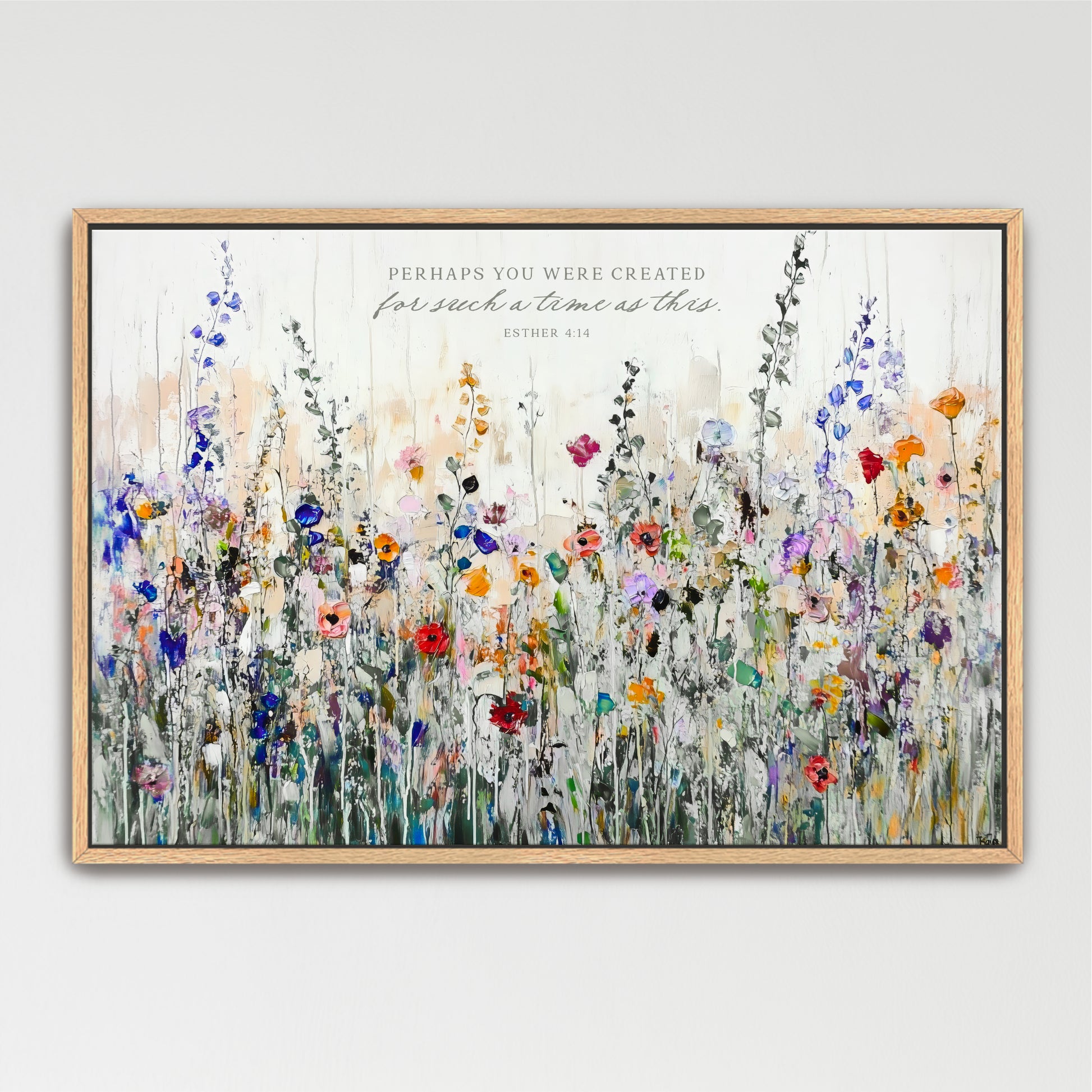 The image is a framed painting depicting a vibrant and colorful field of flowers, with a Bible verse from 2 Timothy 4:14 overlaid on the scene.