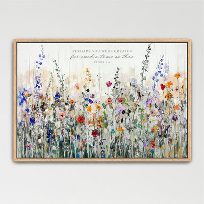 The image is a framed painting depicting a vibrant and colorful field of flowers, with a Bible verse from 2 Timothy 4:14 overlaid on the scene.