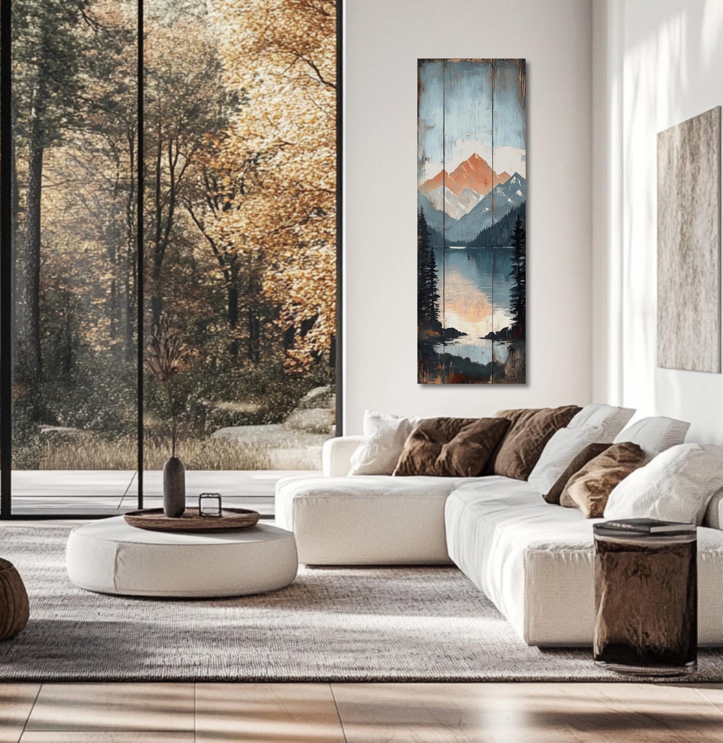 a modern living room with a large window overlooking a scenic mountain landscape. The room features a white sofa, a round coffee table, and a wooden side table. A large painting of a mountain landscape hangs on the wall, adding a natural element to the room's decor.
