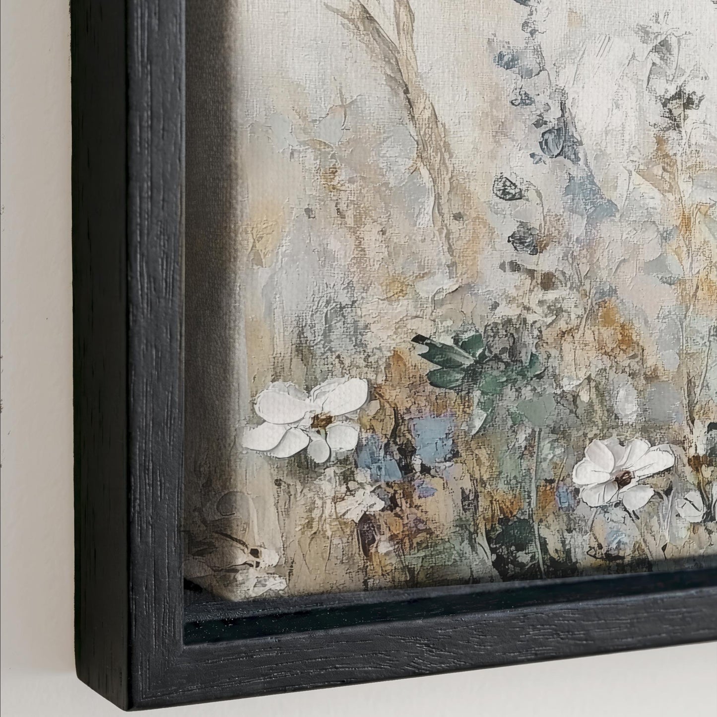 The image is a framed painting depicting a field of flowers with a mix of white and green colors.