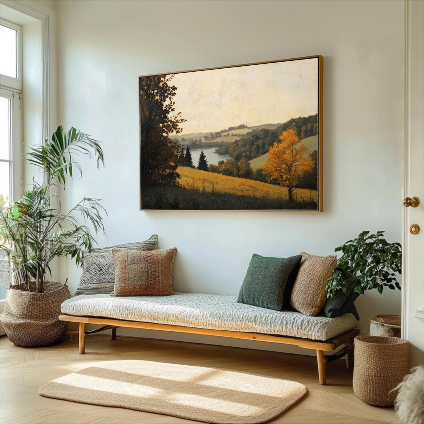 a living room with a large painting of a countryside landscape hanging on the wall above a couch with pillows. The room is decorated with potted plants and a rug, creating a cozy and inviting atmosphere.
