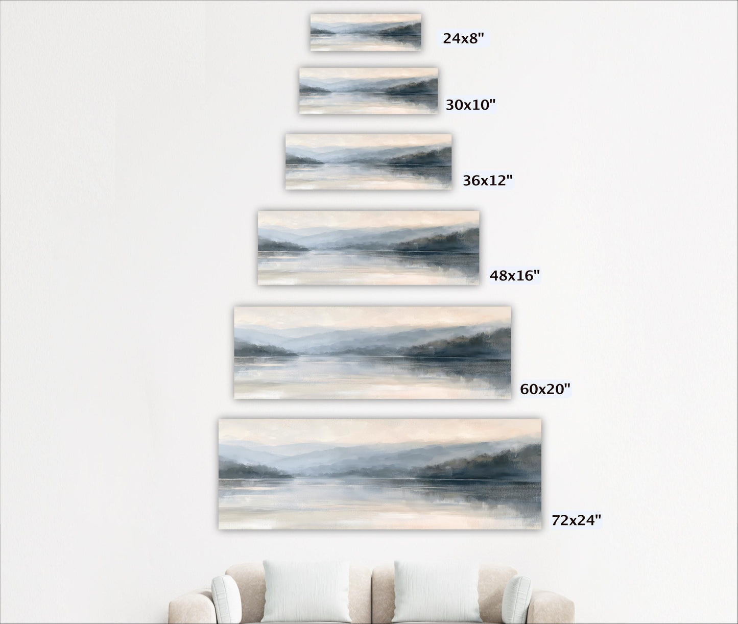 A series of landscape paintings depicting various sizes of the same scene, ranging from 24"x32" to 72"x72" and 36"x12" to 48"x16".