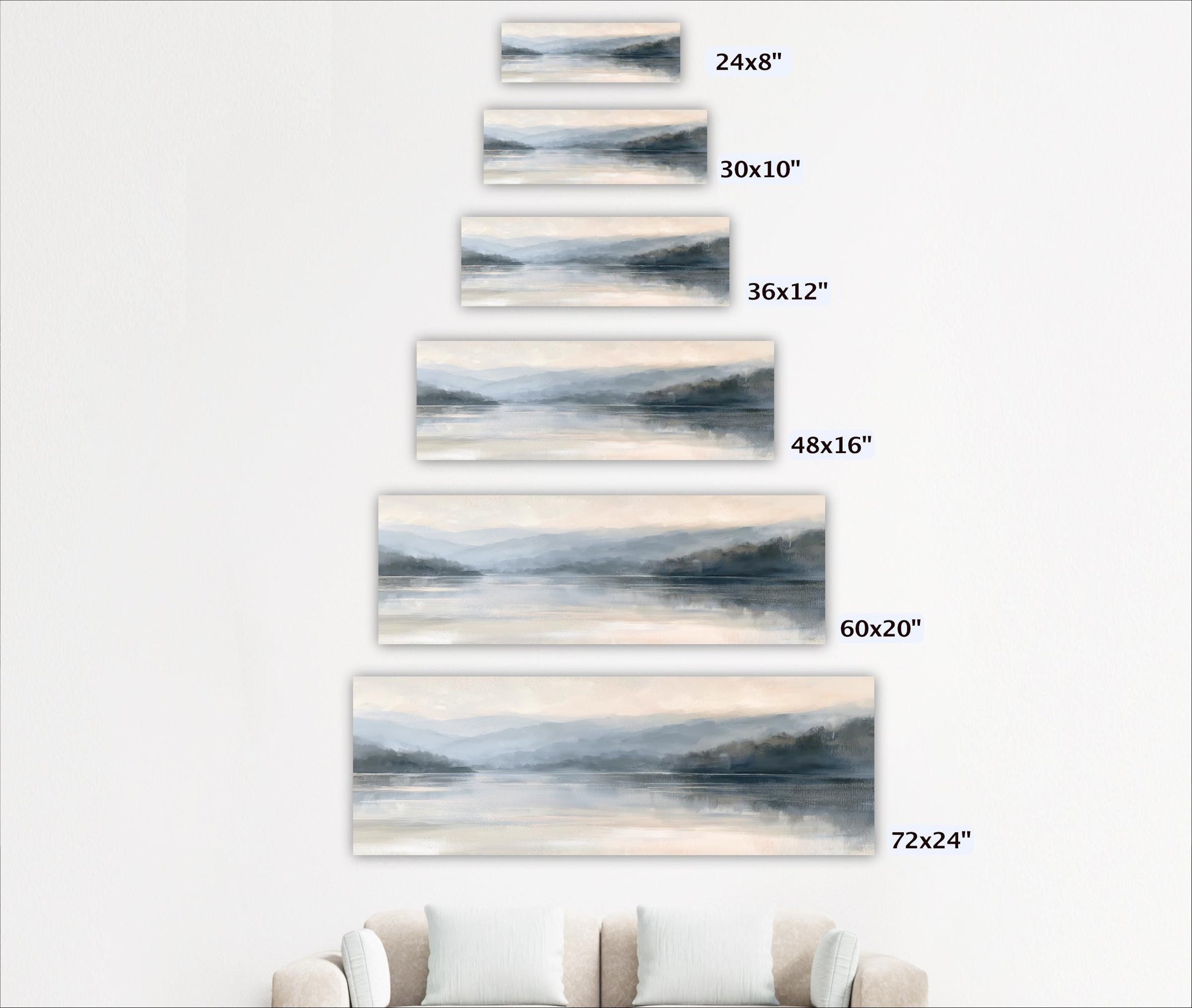 A series of landscape paintings depicting various sizes of the same scene, ranging from 24"x32" to 72"x72" and 36"x12" to 48"x16".