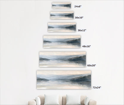 A series of landscape paintings depicting various sizes of the same scene, ranging from 24"x32" to 72"x72" and 36"x12" to 48"x16".