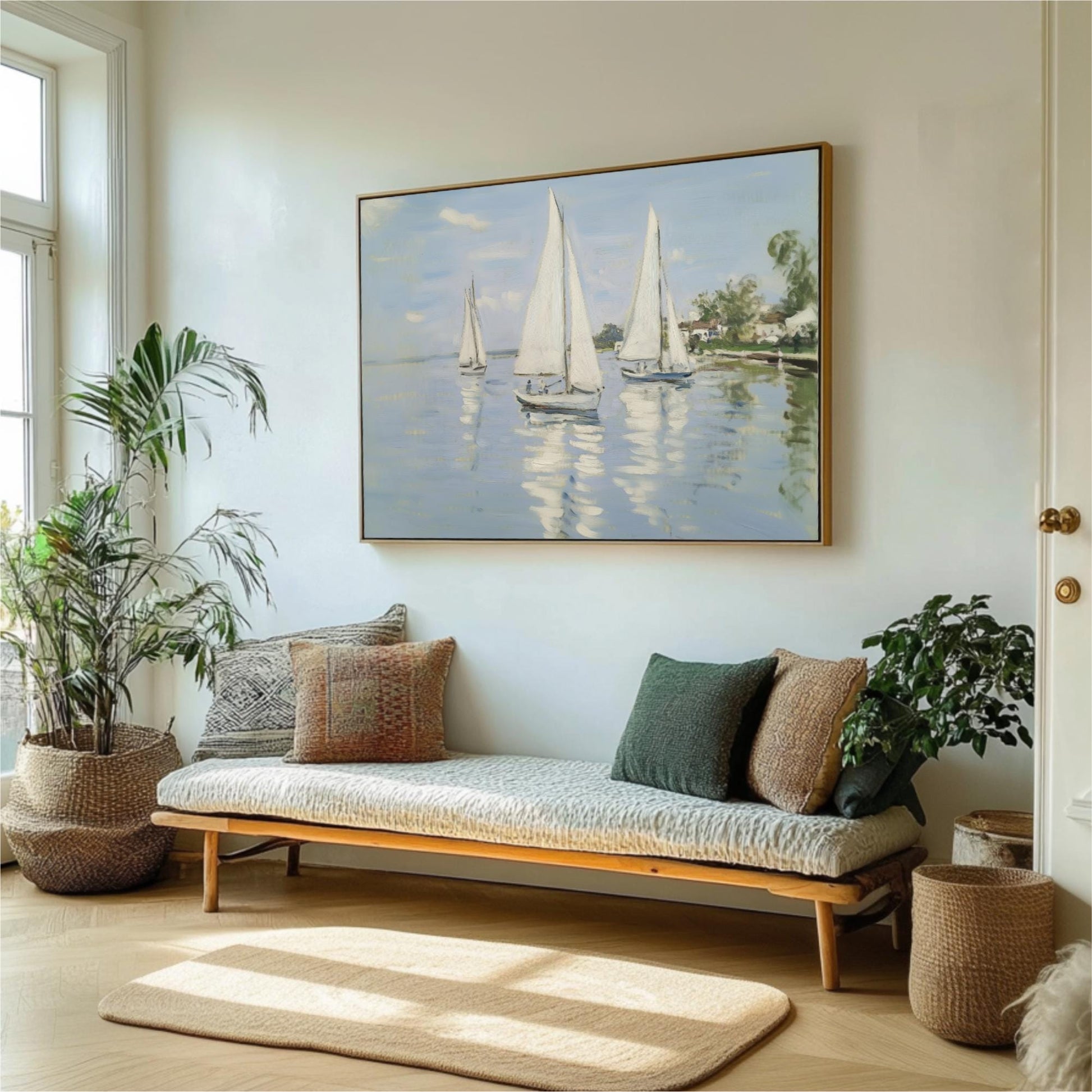 a living room with a large painting of sailboats on the wall, a wooden bench with pillows, and potted plants.
