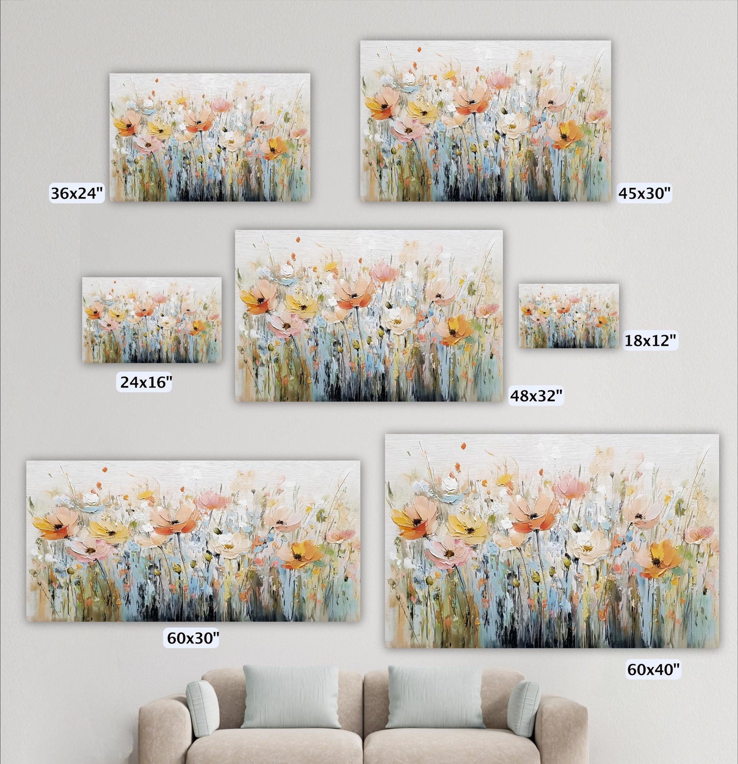 a collection of five paintings or prints, each depicting a field of flowers in various sizes and orientations. The paintings are arranged on a wall, and there is a couch in the foreground.