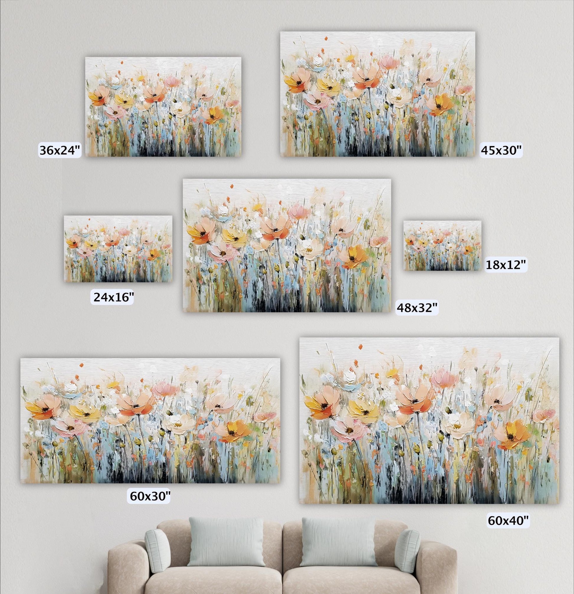 a collection of five paintings or prints, each depicting a field of flowers in various sizes and orientations. The paintings are arranged on a wall, and there is a couch in the foreground.