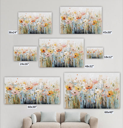a collection of five paintings or prints, each depicting a field of flowers in various sizes and orientations. The paintings are arranged on a wall, and there is a couch in the foreground.