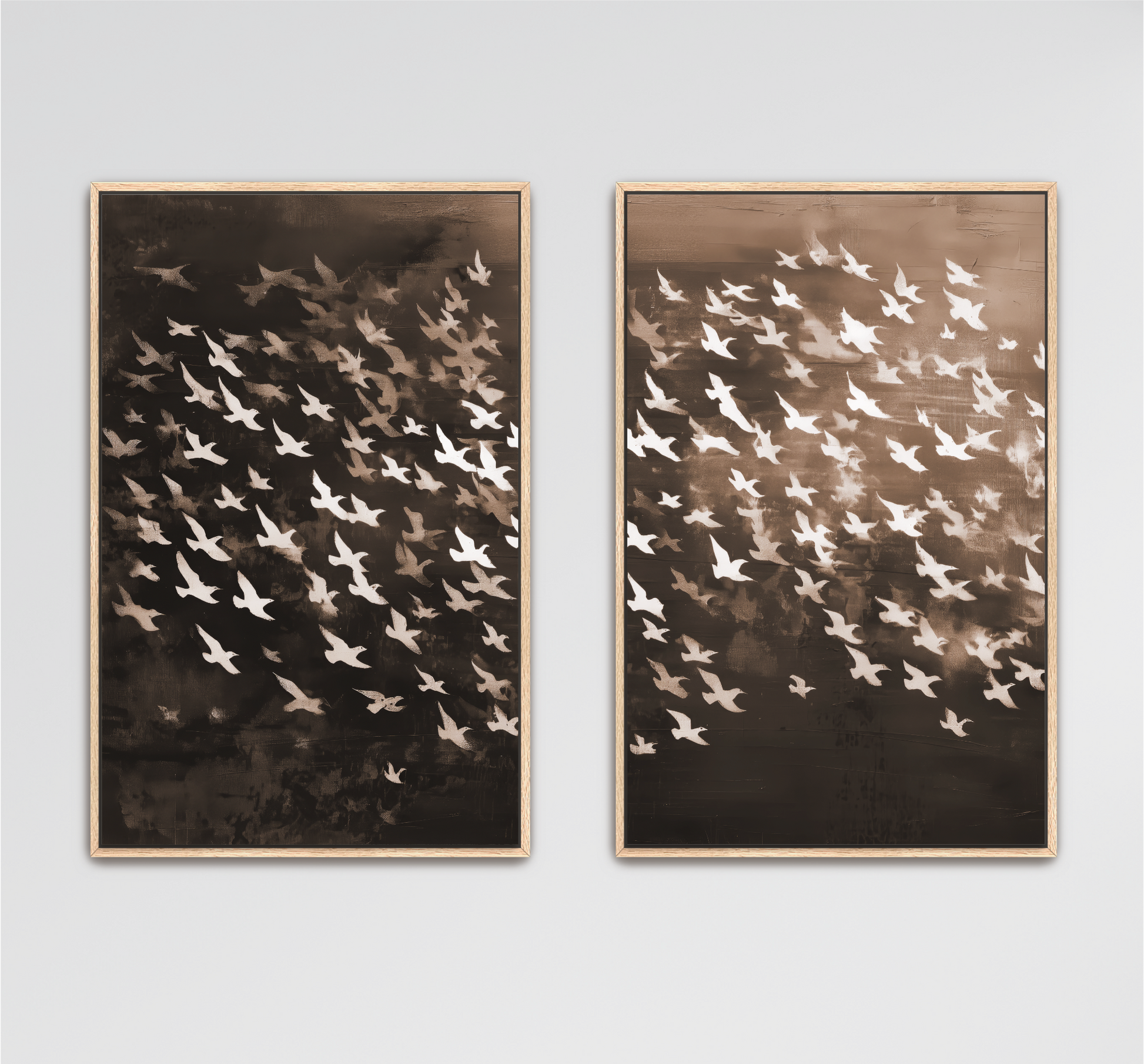 Flying Birds Wall Art, Moody Neutral Framed Canvas Print, Abstract Set of 2 Artwork, Modern Minimalist Brown White Decor, Diptych