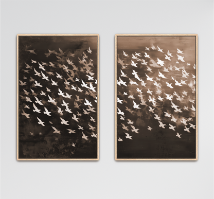 Flying Birds Wall Art, Moody Neutral Framed Canvas Print, Abstract Set of 2 Artwork, Modern Minimalist Brown White Decor, Diptych