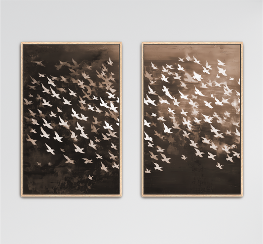 Flying Birds Wall Art, Moody Neutral Framed Canvas Print, Abstract Set of 2 Artwork, Modern Minimalist Brown White Decor, Diptych