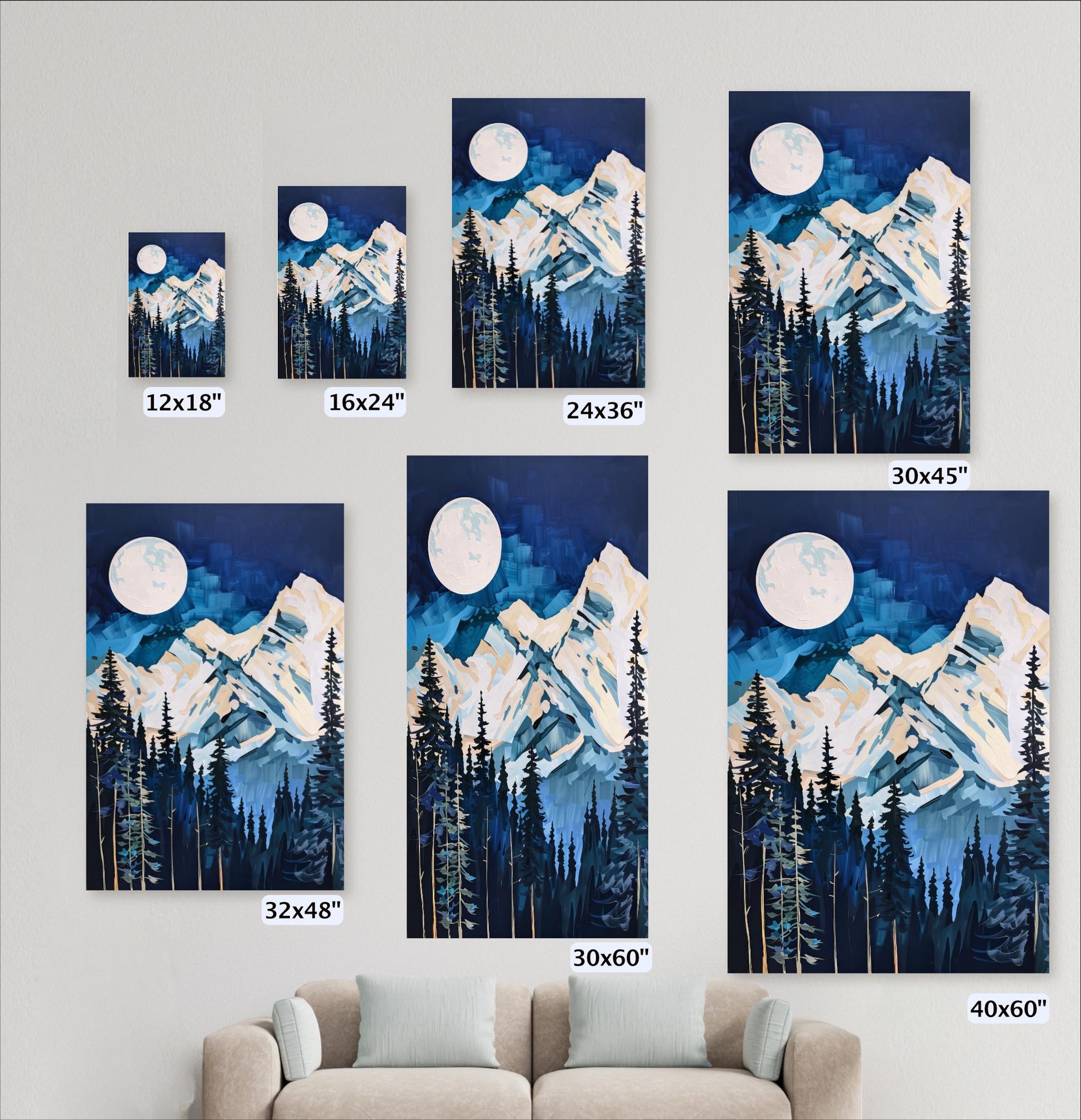 a collection of six framed landscape paintings depicting mountain scenes with a full moon and pine trees. Each painting is labeled with its size in inches, ranging from 12x18 to 30x60, and the corresponding dimensions in centimeters, from 32x48 to 40x60.