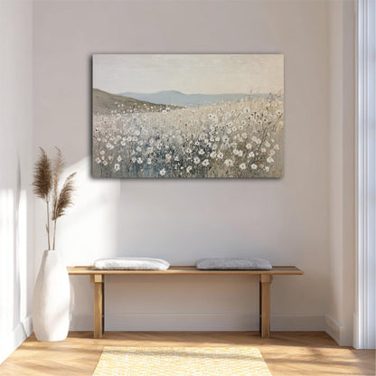 a serene and minimalist interior design with a large painting of a field of flowers hanging on the wall above a wooden bench with two cushions. The painting adds a touch of natural beauty to the space, while the bench provides a comfortable seating area. The overall design creates a calm and inviting atmosphere.