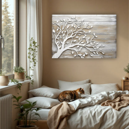 a cozy bedroom scene with a large tree-like artwork hanging on the wall above a bed with a cat resting on it. The room is decorated with potted plants and a window, creating a warm and inviting atmosphere.