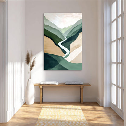 a large abstract painting of mountains and a winding river hanging on a white wall in a bright, airy room with a wooden bench and a potted plant.